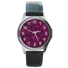 Hot Pink And Black Paisley Swirls Round Metal Watch by SpinnyChairDesigns