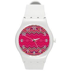 Boho Aztec Stripes Rose Pink Round Plastic Sport Watch (m) by SpinnyChairDesigns