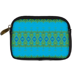 Boho Blue Green Pattern Digital Camera Leather Case by SpinnyChairDesigns
