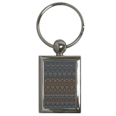 Boho Blue Gold Pattern Key Chain (rectangle) by SpinnyChairDesigns