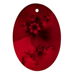 Scarlet Red Floral Print Oval Ornament (two Sides) by SpinnyChairDesigns