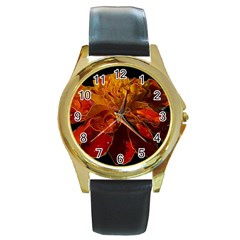 Marigold On Black Round Gold Metal Watch by MichaelMoriartyPhotography