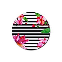 Black And White Stripes Rubber Coaster (round)  by designsbymallika