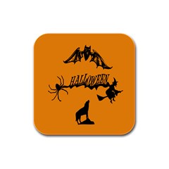 Happy Halloween Scary Funny Spooky Logo Witch On Broom Broomstick Spider Wolf Bat Black 8888 Black A Rubber Square Coaster (4 Pack)  by HalloweenParty