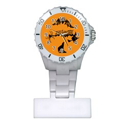 Happy Halloween Scary Funny Spooky Logo Witch On Broom Broomstick Spider Wolf Bat Black 8888 Black A Plastic Nurses Watch by HalloweenParty