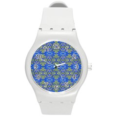 Gold And Blue Fancy Ornate Pattern Round Plastic Sport Watch (m) by dflcprintsclothing