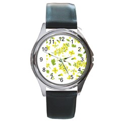 Yellow Flowers Round Metal Watch by designsbymallika
