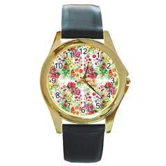 Summer Flowers Pattern Round Gold Metal Watch by goljakoff