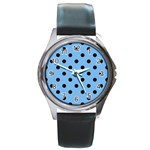 Large Black Polka Dots On Aero Blue - Round Metal Watch