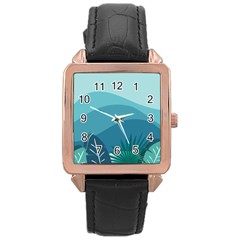 Illustration Of Palm Leaves Waves Mountain Hills Rose Gold Leather Watch 