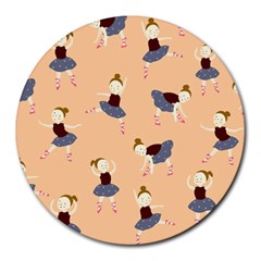 Cute  Pattern With  Dancing Ballerinas On Pink Background Round Mousepads by EvgeniiaBychkova