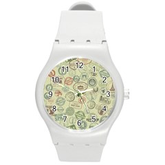 Beige Denim With Logos Round Plastic Sport Watch (m) by ArtsyWishy