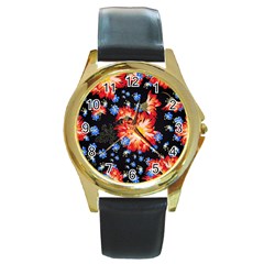 Orange And Blue Chamomiles Design Round Gold Metal Watch by ArtsyWishy