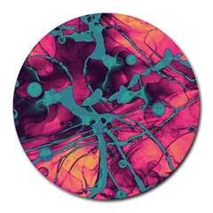 Pink And Turquoise Alcohol Ink Round Mousepads by Dazzleway