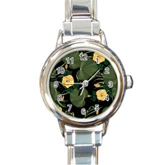 Tropical Vintage Yellow Hibiscus Floral Green Leaves Seamless Pattern Black Background  Round Italian Charm Watch by Sobalvarro