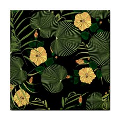 Tropical Vintage Yellow Hibiscus Floral Green Leaves Seamless Pattern Black Background  Tile Coaster by Sobalvarro