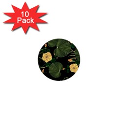 Tropical Vintage Yellow Hibiscus Floral Green Leaves Seamless Pattern Black Background  1  Mini Buttons (10 Pack)  by Sobalvarro