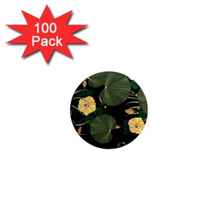 Tropical vintage yellow hibiscus floral green leaves seamless pattern black background. 1  Mini Magnets (100 pack) 