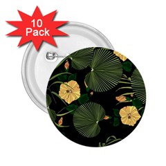 Tropical Vintage Yellow Hibiscus Floral Green Leaves Seamless Pattern Black Background  2 25  Buttons (10 Pack)  by Sobalvarro