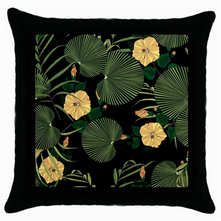 Tropical vintage yellow hibiscus floral green leaves seamless pattern black background. Throw Pillow Case (Black)