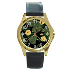Tropical Vintage Yellow Hibiscus Floral Green Leaves Seamless Pattern Black Background  Round Gold Metal Watch by Sobalvarro