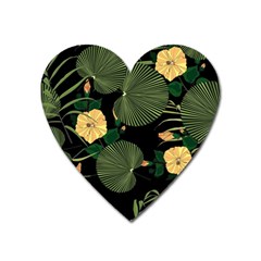 Tropical Vintage Yellow Hibiscus Floral Green Leaves Seamless Pattern Black Background  Heart Magnet by Sobalvarro