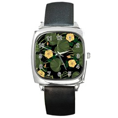 Tropical Vintage Yellow Hibiscus Floral Green Leaves Seamless Pattern Black Background  Square Metal Watch by Sobalvarro