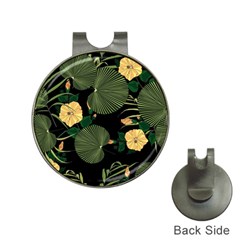 Tropical Vintage Yellow Hibiscus Floral Green Leaves Seamless Pattern Black Background  Hat Clips With Golf Markers by Sobalvarro