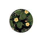 Tropical vintage yellow hibiscus floral green leaves seamless pattern black background. Hat Clip Ball Marker Front