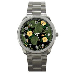 Tropical Vintage Yellow Hibiscus Floral Green Leaves Seamless Pattern Black Background  Sport Metal Watch by Sobalvarro