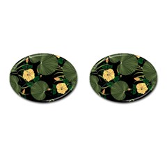 Tropical Vintage Yellow Hibiscus Floral Green Leaves Seamless Pattern Black Background  Cufflinks (oval) by Sobalvarro