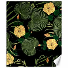 Tropical Vintage Yellow Hibiscus Floral Green Leaves Seamless Pattern Black Background  Canvas 8  X 10  by Sobalvarro