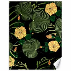 Tropical Vintage Yellow Hibiscus Floral Green Leaves Seamless Pattern Black Background  Canvas 18  X 24  by Sobalvarro