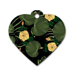 Tropical Vintage Yellow Hibiscus Floral Green Leaves Seamless Pattern Black Background  Dog Tag Heart (two Sides) by Sobalvarro