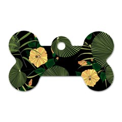 Tropical Vintage Yellow Hibiscus Floral Green Leaves Seamless Pattern Black Background  Dog Tag Bone (one Side) by Sobalvarro