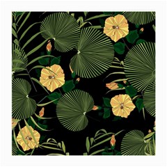 Tropical Vintage Yellow Hibiscus Floral Green Leaves Seamless Pattern Black Background  Medium Glasses Cloth (2 Sides) by Sobalvarro