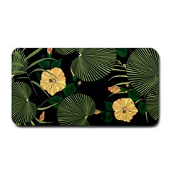 Tropical Vintage Yellow Hibiscus Floral Green Leaves Seamless Pattern Black Background  Medium Bar Mats by Sobalvarro