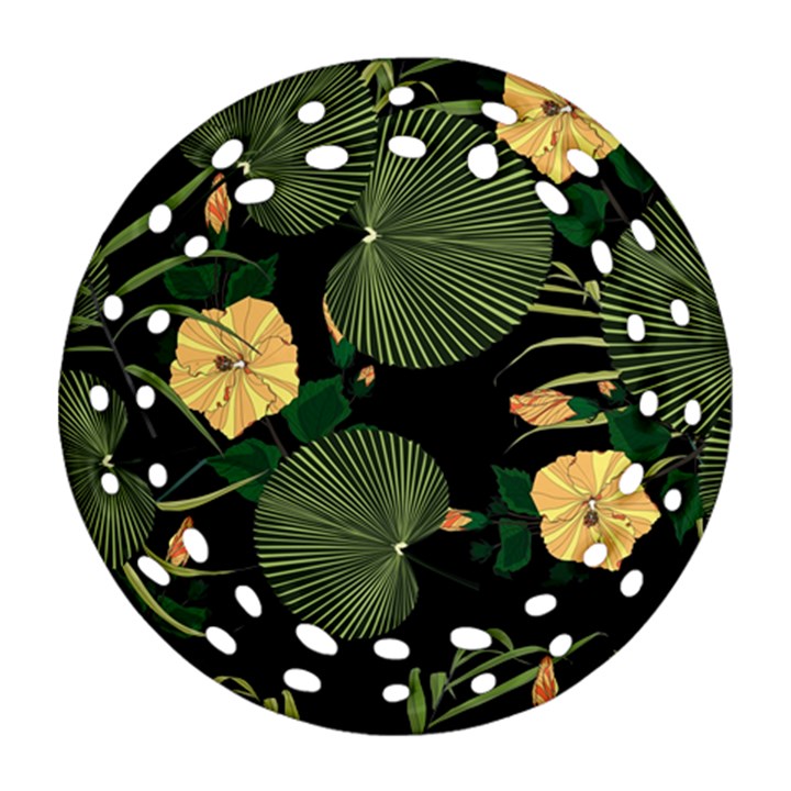 Tropical vintage yellow hibiscus floral green leaves seamless pattern black background. Round Filigree Ornament (Two Sides)