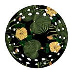 Tropical vintage yellow hibiscus floral green leaves seamless pattern black background. Round Filigree Ornament (Two Sides) Back