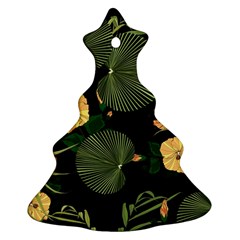 Tropical Vintage Yellow Hibiscus Floral Green Leaves Seamless Pattern Black Background  Christmas Tree Ornament (two Sides) by Sobalvarro