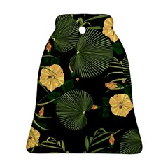 Tropical Vintage Yellow Hibiscus Floral Green Leaves Seamless Pattern Black Background  Bell Ornament (two Sides) by Sobalvarro