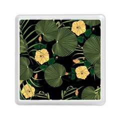 Tropical Vintage Yellow Hibiscus Floral Green Leaves Seamless Pattern Black Background  Memory Card Reader (square) by Sobalvarro