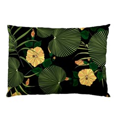 Tropical Vintage Yellow Hibiscus Floral Green Leaves Seamless Pattern Black Background  Pillow Case (two Sides) by Sobalvarro