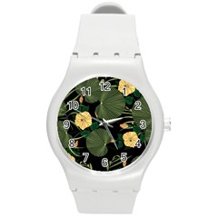 Tropical Vintage Yellow Hibiscus Floral Green Leaves Seamless Pattern Black Background  Round Plastic Sport Watch (m) by Sobalvarro