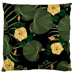 Tropical Vintage Yellow Hibiscus Floral Green Leaves Seamless Pattern Black Background  Large Cushion Case (one Side) by Sobalvarro