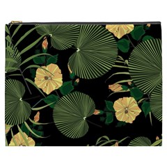 Tropical Vintage Yellow Hibiscus Floral Green Leaves Seamless Pattern Black Background  Cosmetic Bag (xxxl) by Sobalvarro