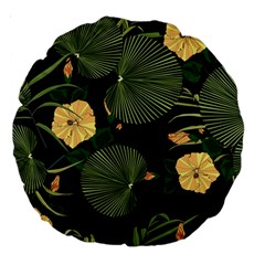 Tropical Vintage Yellow Hibiscus Floral Green Leaves Seamless Pattern Black Background  Large 18  Premium Round Cushions by Sobalvarro