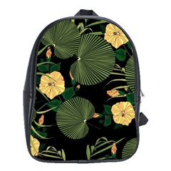 Tropical Vintage Yellow Hibiscus Floral Green Leaves Seamless Pattern Black Background  School Bag (xl) by Sobalvarro