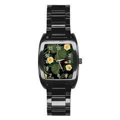 Tropical Vintage Yellow Hibiscus Floral Green Leaves Seamless Pattern Black Background  Stainless Steel Barrel Watch by Sobalvarro