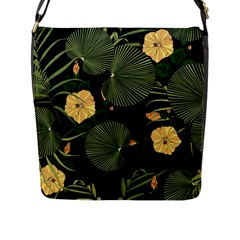 Tropical Vintage Yellow Hibiscus Floral Green Leaves Seamless Pattern Black Background  Flap Closure Messenger Bag (l) by Sobalvarro